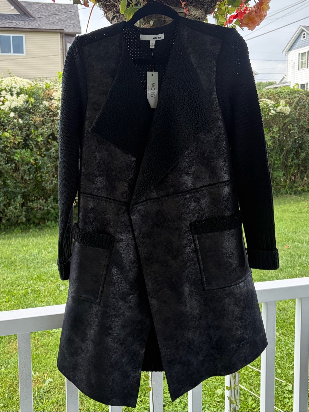 WD.NY Women's Black Open-Front Knit & Faux-Suede Trench Coat